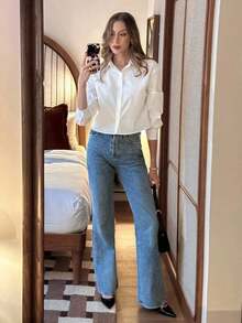 Camisa de mujer, blusa de dama, manga larga, ropa de otoño/invierno, camisa básica, ropa casual de oficina, abierta por delante, graduación, blusa de estilo corto - Blanco - Ver 3