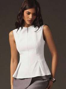 Blusa estructurada sin mangas con cremallera frontal y volante, para uso casual en la oficina - Blanco - Ver 7