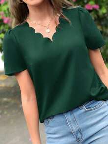 Blusa con corte en forma de abanico y mangas abullonadas - Verde Oscuro - Ver 5