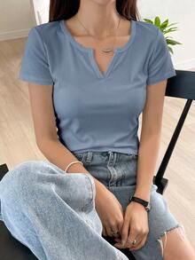 Camiseta con cuello en pico sólido, top corto para mujer - Niebla azul - Ver 5