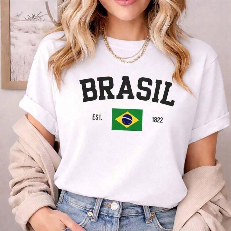 Women's T-Shirt Brazil 100% Cotton Basic Flag - 白色 - 查看 1