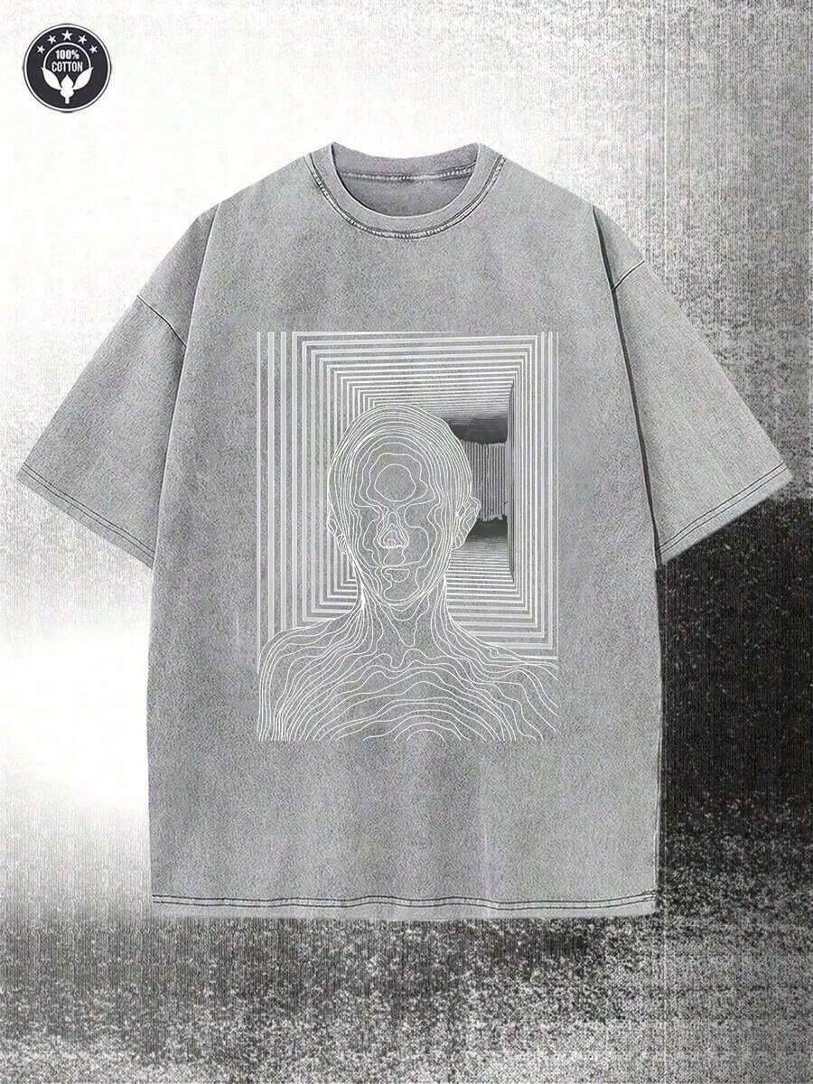 Camiseta de hombre de 230g, lavada, con estampado artístico de líneas, de algodón de alta calidad con estampado de cera, casual para todas las estaciones, regalo perfecto para la calle o actividades al aire libre, festivales. |   Diseño Exquisito |     Suelto y cómodo |     Fácil de Combinar | - Gris - Ver 1