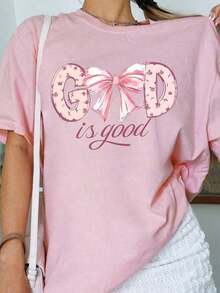 Camiseta de manga corta para mujer, color albaricoque, con estampado de eslogan, cuello redondo, nueva colección de verano, versátil y a la moda, adecuada para uso diario, top para damas en vacaciones. - Rosa Pálido - Ver 4