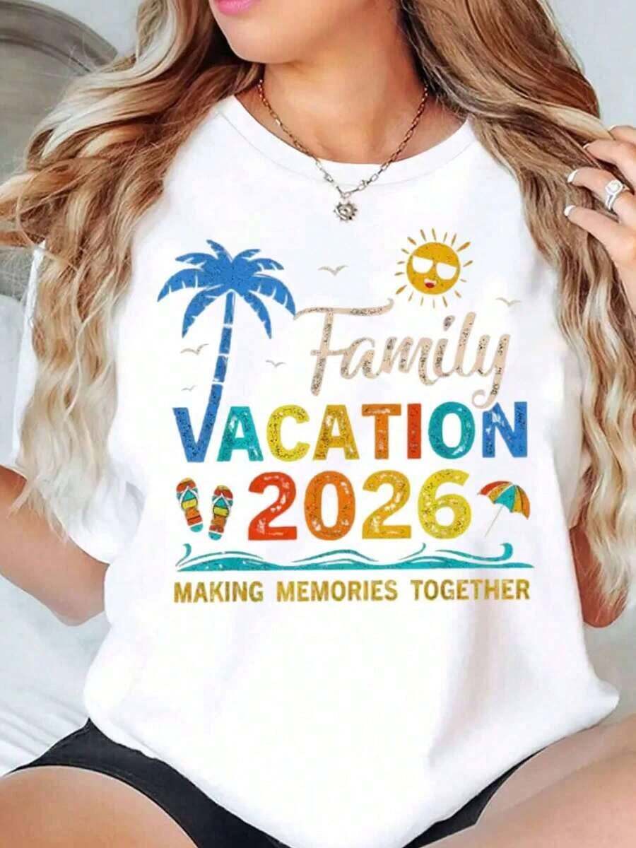 Camiseta de Mujer Oversize de Manga Corta con Estampado de Palmeras, Sol y Chanclas, para Vacaciones Familiares 2026, Creando Recuerdos Juntos, Cuello Redondo, Casual, Cómoda para Salidas a la Playa, 220g, 100% Algodón - Blanco - Ver 1
