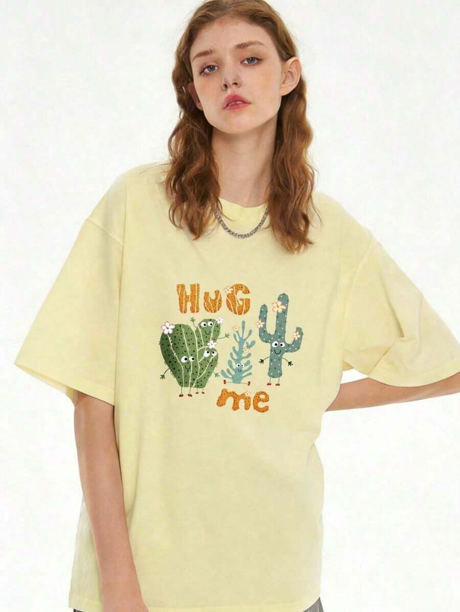 Camiseta de manga corta con estampado de cactus "HUG ME" para mujer, top casual holgado de verano - Camisetas de verano con estampado gráfico sencillo, regalo casual para el Día de la Madre. Adecuada para primavera, verano y otoño. - Albaricoque - Ver 1