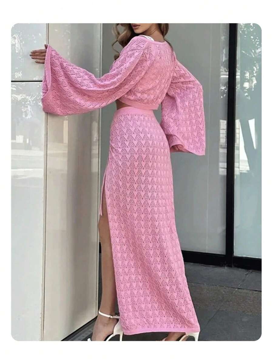 Conjunto dos piezas rosa 2026 estilo europeo americano, blusa de punto calado manga larga + falda midi casual. - Resplandecer - Ver 1