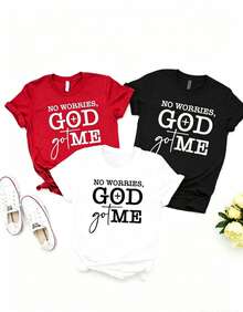 Artículo de moda: 3 camiseta casual de manga corta para mujer, estampada con la frase "No te preocupes, Dios se encargará de mí", camiseta de manga corta con cuello redondo para mujer, top deportivo casual transpirable de algodón puro, regalo para vacaciones, Mariposa de Primavera, Pascua, camiseta para mujer. - Negro - Ver 1