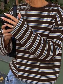 SDNGED Women's Casual Top, Striped Color Block Ribbed Fabric, Everyday Wear Spring/Autumn, Effortless Style - Coffee Brown - View 2