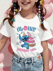 New Arrival | Officially Licensed Disney Lilo & Stitch Girls' 100% Cotton T-Shirt, Ultra Comfortable & Super Soft, Stylish Relaxed Fit, Cute Stitch Birthday Print With Aloha & Cake, Eye-Catching & Head-Turning, Versatile For Daily Wear & School Runs, Suitable For Ages 4-12, Express Delivery - trắng - Xem 1