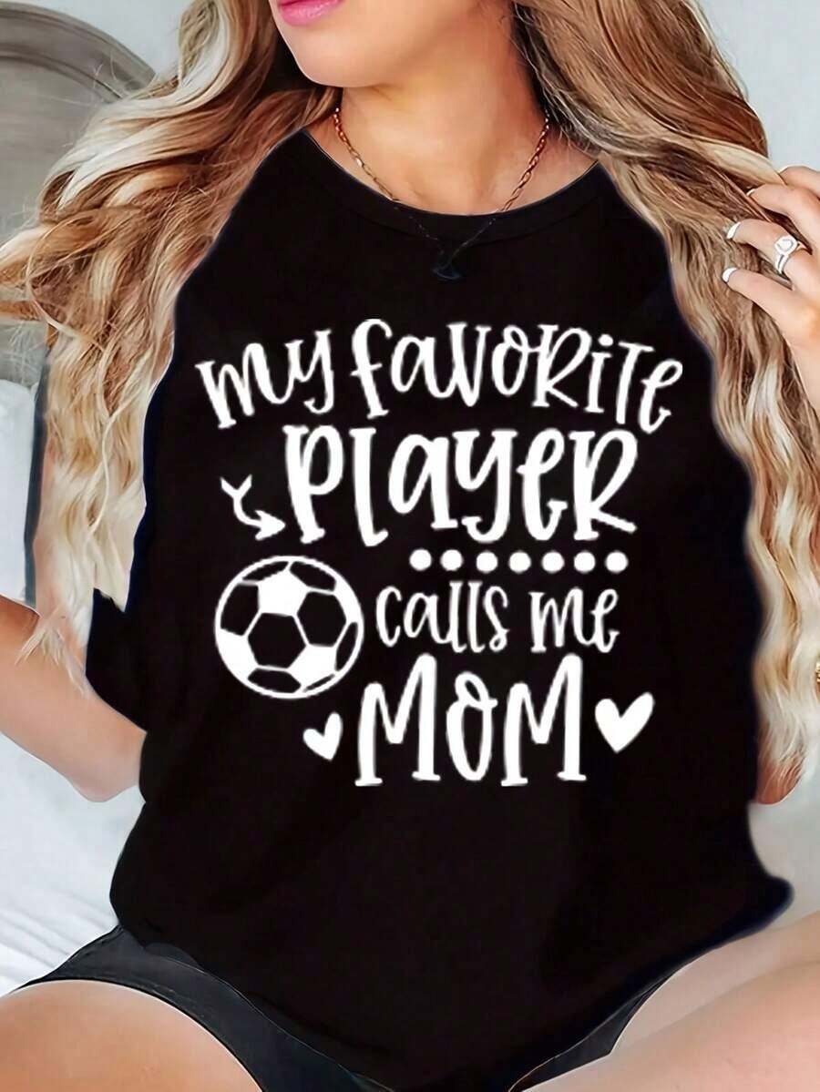 Camiseta de Mujer ModernoWomen con Estampado Gráfico de Fútbol 'Mi Jugador Favorito Me Llama Mamá', Regalo para el Día de la Madre, 220g, Ropa Casual - Negro - Ver 1
