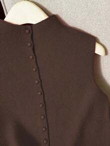 Suéter de mujer de punto con cuello alto, diseño de botones, sin mangas, suelto y casual, color rojo, para primavera/otoño - Café integral - Ver 3