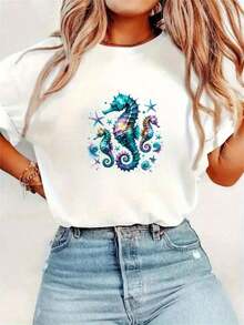 1 pieza de playera   corta 100% algodón, cuello redondo casual con estampado, sirenita y estrella marina en forma de arcoíris, con mariposa marina y conchas marinas, manga corta transpirable para uso diario - Blanco - Ver 1