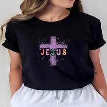1 pieza de Playera corta 100% algodón, cuello redondo casual con estampado, temática de moda y estilo relajado, manga corta transpirable para uso diario - Negro - Ver 2