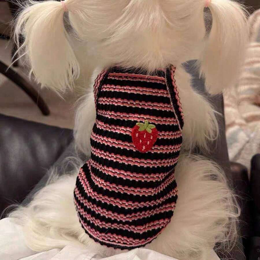 1件针织条纹吊带背心猫狗衣服泰迪图案背心 - 紅色 - 查看 1