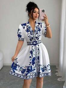 Conjunto de vestido corto de manga corta con cintura ceñida y estampado floral azul y blanco, elegante y romántico para vacaciones, primavera/verano - Multicolor - Ver 11