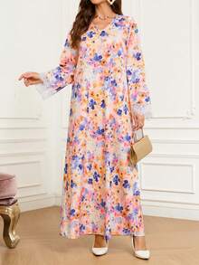 Abaya árabe con estampado floral y ribete de encaje para mujer, para vacaciones - Multicolor - Ver 4