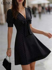 DONICY Women's Mini Dress With V-Neck, Petal Sleeves And A-Line Skirt With Bow Decoration, In Black And White Polka Dot Print, Summer Dress - 黑色 - 查看 3
