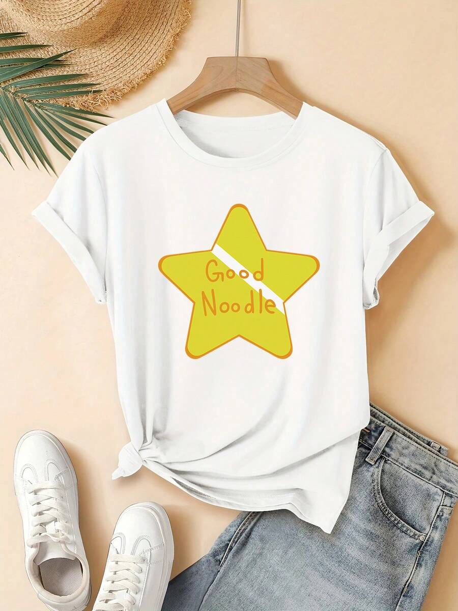 Camiseta de mujer con estrellas amarillas y estampado "Good Noodle", diseño moderno, alegre y lindo. Camiseta de manga corta y cuello redondo para mujeres jóvenes, lavable a máquina, adecuada para el estilo casual de calle de uso diario. Opción de regalo ideal, adecuada para el hogar, la oficina y otras ocasiones. - Blanco - Ver 1