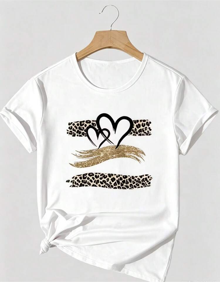 Women's 3-Piece Set With Creative Sunset Leopard Print And Heart Element, Casual Short Sleeve Round Neck Top For Spring/Summer, Women's Multi-Piece Clothing Set. - trắng - Xem 2