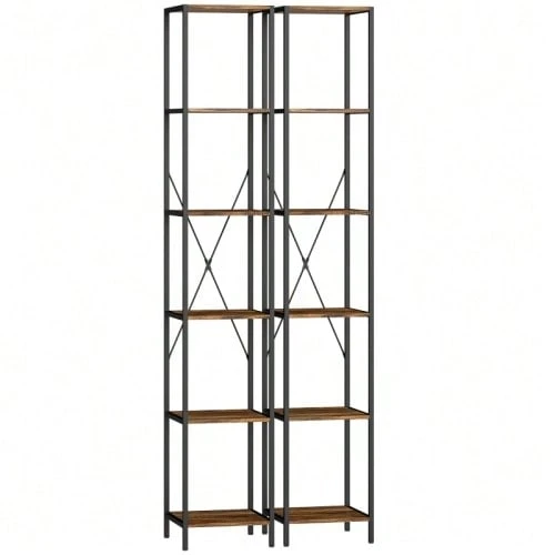 Set Of 2 Six-Tier Shelving Units With Steel Frame, Ideal For Living Room, Office Or Bedroom, In Rustic Brown Color. - 銹棕色 - 查看 1