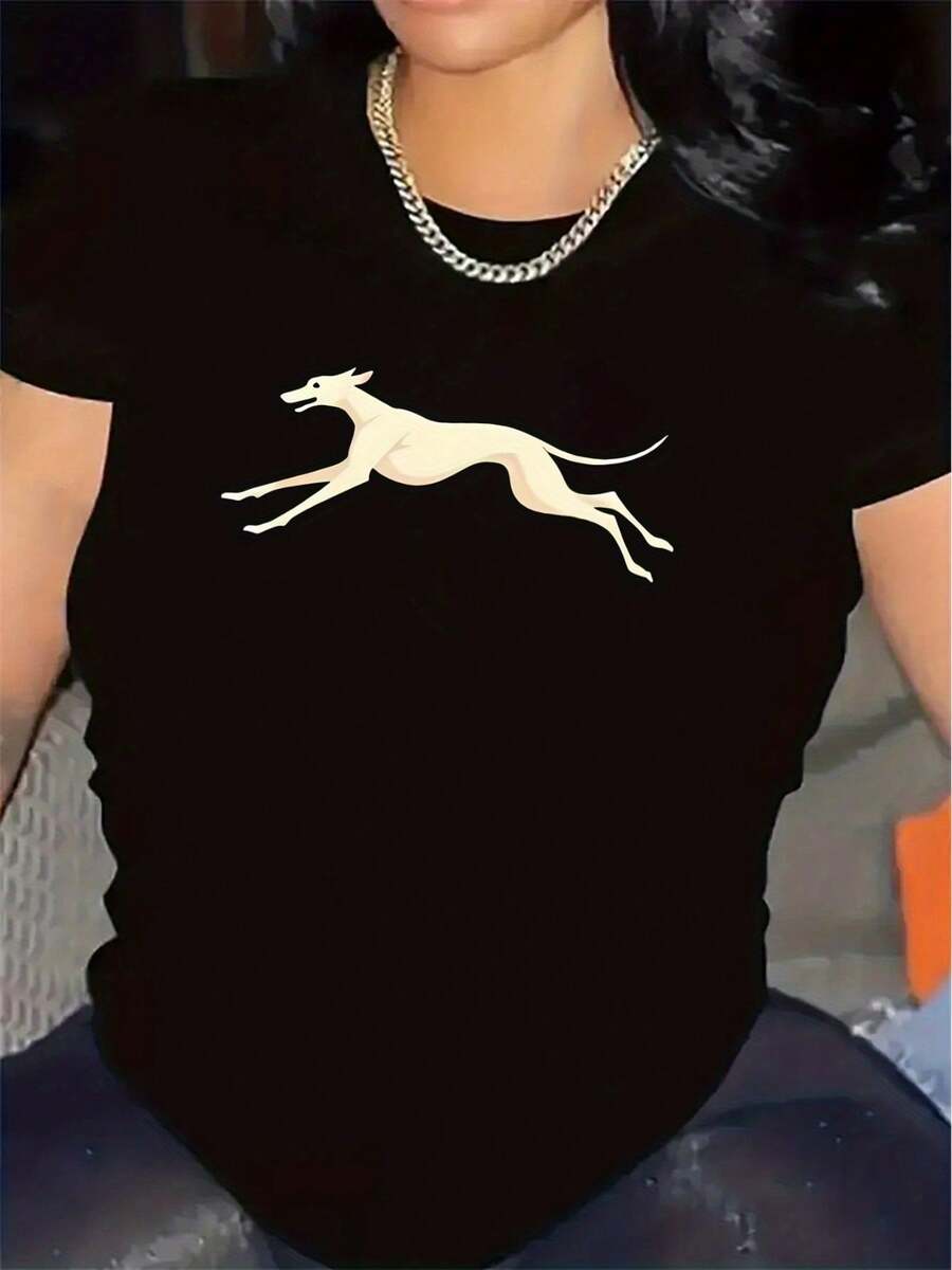 Short-Sleeved T-Shirt With A Running Dog Design, Perfect For Lounging At Home. Colorful, Durable, And Comfortable, Ideal For Casual Wear In The Dining Room Or Living Room. Soft, Stylish, And Lightweight Fabric. Matching Family Cotton T-Shirt. - 黑色 - 查看 1