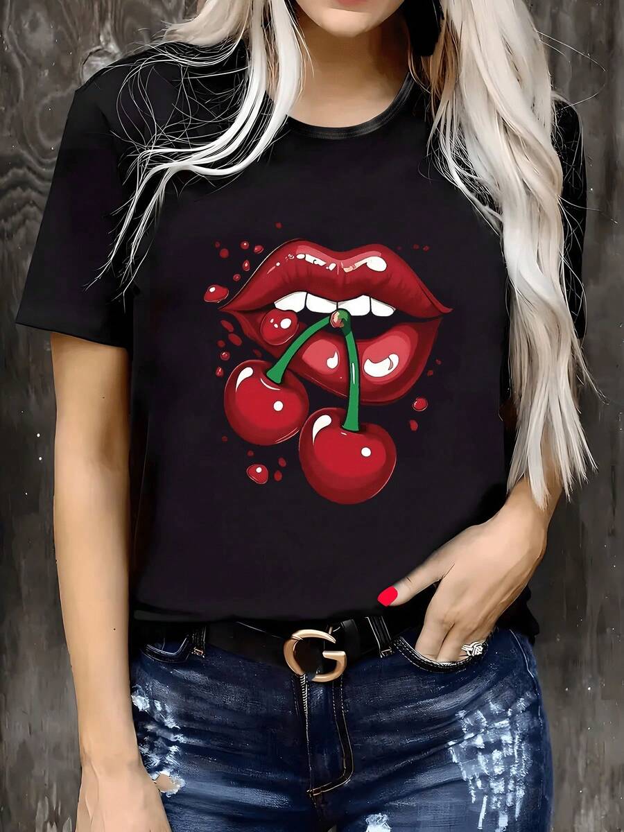 Women's Plus Size T-Shirt | Round Neck | Geometric Cherry Print | Short Sleeve Polyester Blend - 黑色 - 查看 1