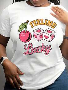 100% Cotton, Women's T-Shirt With Cherry And Lucky Dice Print, Casual Summer Top For Women-220 - 白色 - 查看 8