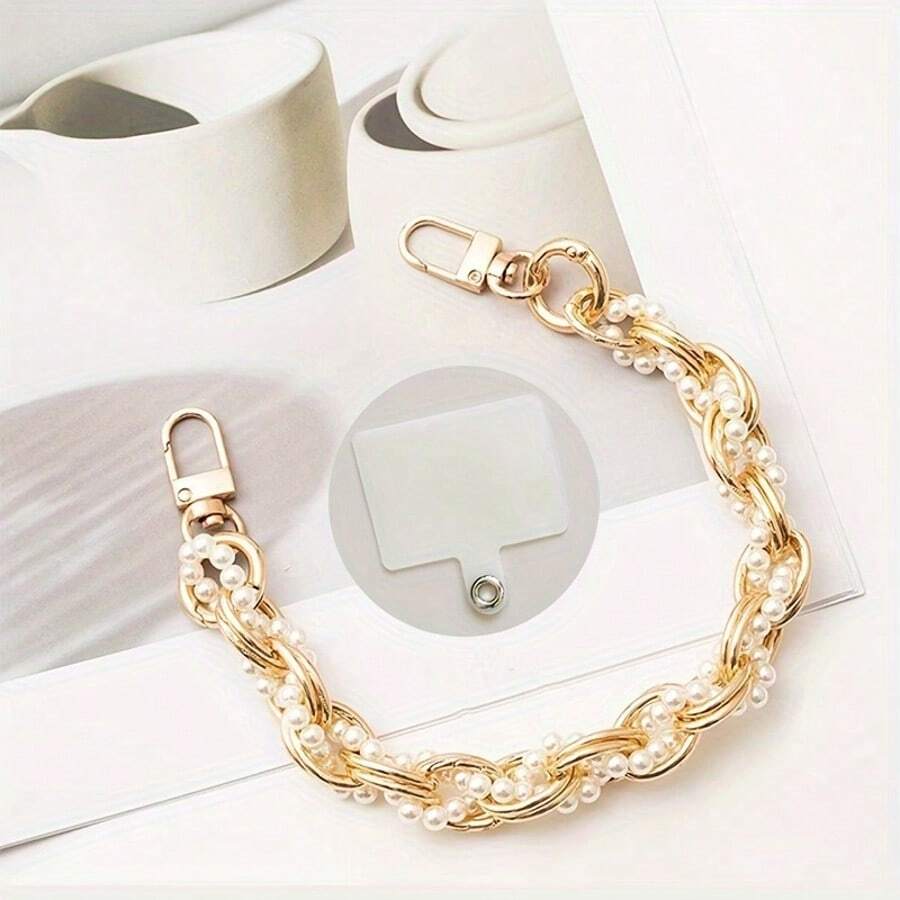 Dây đeo điện thoại đính hạt ngọc trai giả kiểu bện mới, dây đeo điện thoại bán chạy với khóa đôi, phong cách Ins. - Vàng - Xem 1