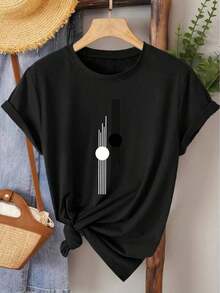Camiseta Casual para Mujer con Estampado Geométrico Abstracto, Transpirable y Cómoda, Manga Corta, Cuello Redondo, Diseño Minimalista en Blanco y Negro, Algodón Suave, Perfecta para Uso Diario y Estilo Urbano Moderno - Negro - Ver 1