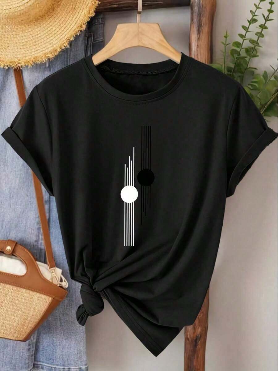 Camiseta Casual para Mujer con Estampado Geométrico Abstracto, Transpirable y Cómoda, Manga Corta, Cuello Redondo, Diseño Minimalista en Blanco y Negro, Algodón Suave, Perfecta para Uso Diario y Estilo Urbano Moderno - Negro - Ver 1