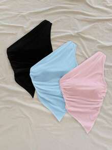 3 piezas de blusas de hombros asimétricas con bajo asimétrico en colores surtidos negro, marrón y caqui, aptas para el verano - Multicolor 5 - Ver 7