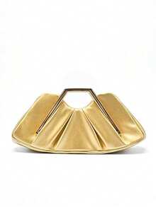 Vintage Asymmetric Ruffle Cloud Clutch, Unique Metal Hardware Decor High-End Vintage Clutch, Elegant Women's Handbag Suitable For Parties And Banquets - Gold - View 3