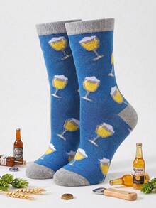 1 Pair Grey-Blue Splice Men's Mid-Calf Socks With Fashionable Beer Print, Soft & Comfortable - Multicolor - View 7