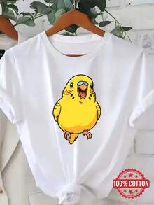 Camiseta de manga corta para mujer con estampado de dibujos animados de periquito amarillo, y feliz, cuello redondo, estampado moderno, top de media mangaDaily Casual Round Neck Short Sleeve - Blanco - Ver 1