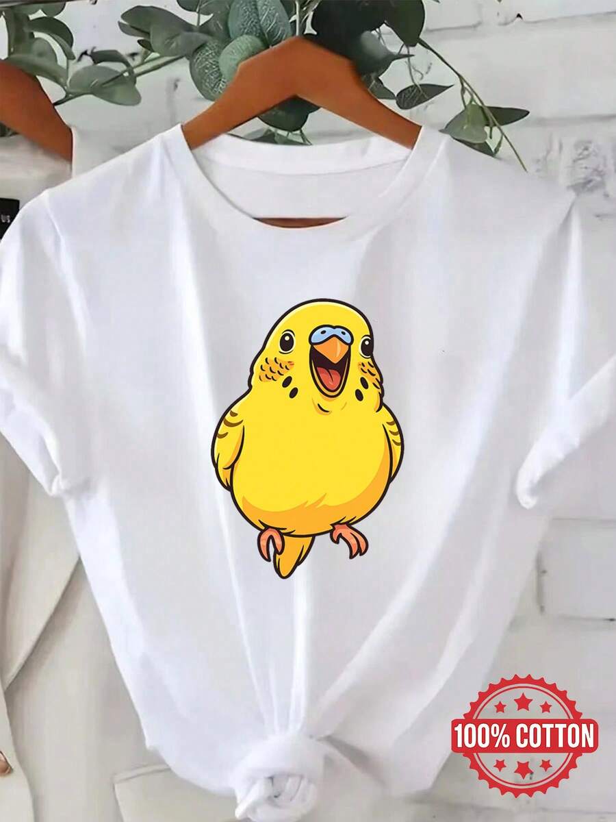 Camiseta de manga corta para mujer con estampado de dibujos animados de periquito amarillo, y feliz, cuello redondo, estampado moderno, top de media mangaDaily Casual Round Neck Short Sleeve - Blanco - Ver 1