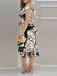 ChicMe Women's Floral Print Dress, Off Shoulders, Ruffled Hem And Slit, Elegant Fitted Mid-Length Dress, Suitable For Parties, Cocktails And Summer Wear - 黑色 - 查看 4