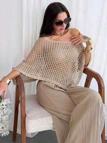 2026  Chal elegante de estilo bohemio para vacaciones de mujer, jersey holgado de punto sin hombros con bajo asimétrico, parte superior ligera de protección solar - Albaricoque - Ver 6