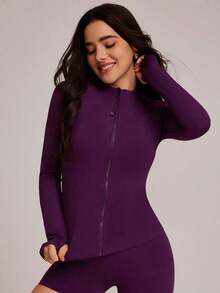 2026 Chaqueta deportiva de ajuste ceñido para mujer VUTRU con ojales para el pulgar y cuello alto, primavera - Ciruela intensa - Ver 7