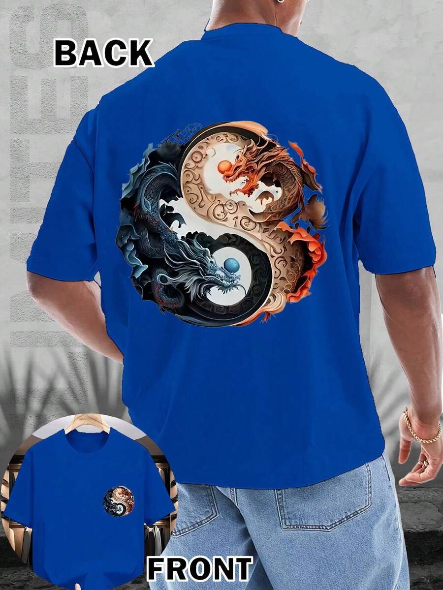 1pc Men's T-Shirt 100% Cotton Double-Sided Printing With Yin Yang Dragon Phoenix SML XL XXL XXXL Gift Summer Cool Casual Short Sleeve T-Shirt - 藍色 - 查看 1