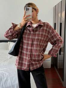 Camisa de manga larga con cuello vuelto, bordado de dibujos animados, estilo coreano casual, primavera/verano para mujer - Rosa Roja - Ver 4