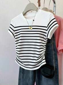Camiseta de manga corta con pliegues y rayas, casual de verano para mujer - Blanco y Negro - Ver 6