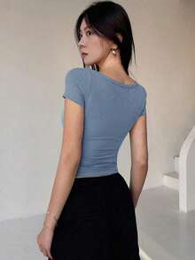 Blusa casual de mujer de unicolor con botones delanteros y mangas cortas, top lindo para uso diario - Niebla azul - Ver 2
