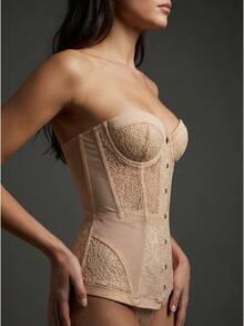 Women's Nude Beige Vintage Floral Lace Bustier Corset Crop Top, Strapless Hook & Eye Front Boned Camisole Top, Elegant Push Up Going Out Party Club Vacation Date Night Summer Outfit - 膚色 - 查看 4
