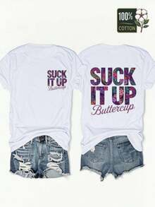 Camiseta 100%  con Estampado Frontal y Trasero de Flores Tropicales y Letras, Top de Moda Urbana - Blanco - Ver 1