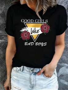 Women's Short-Sleeved Crew Neck T-Shirt, Black, With Rose Print Like A Bad, Breathable Fabric, Loose And Comfortable Fit, Perfect Gift For Mother's Day - Unisex Loose Cotton Short-Sleeved Crew Neck T-Shirt, Urban Vintage Style. - 黑色 - 查看 1