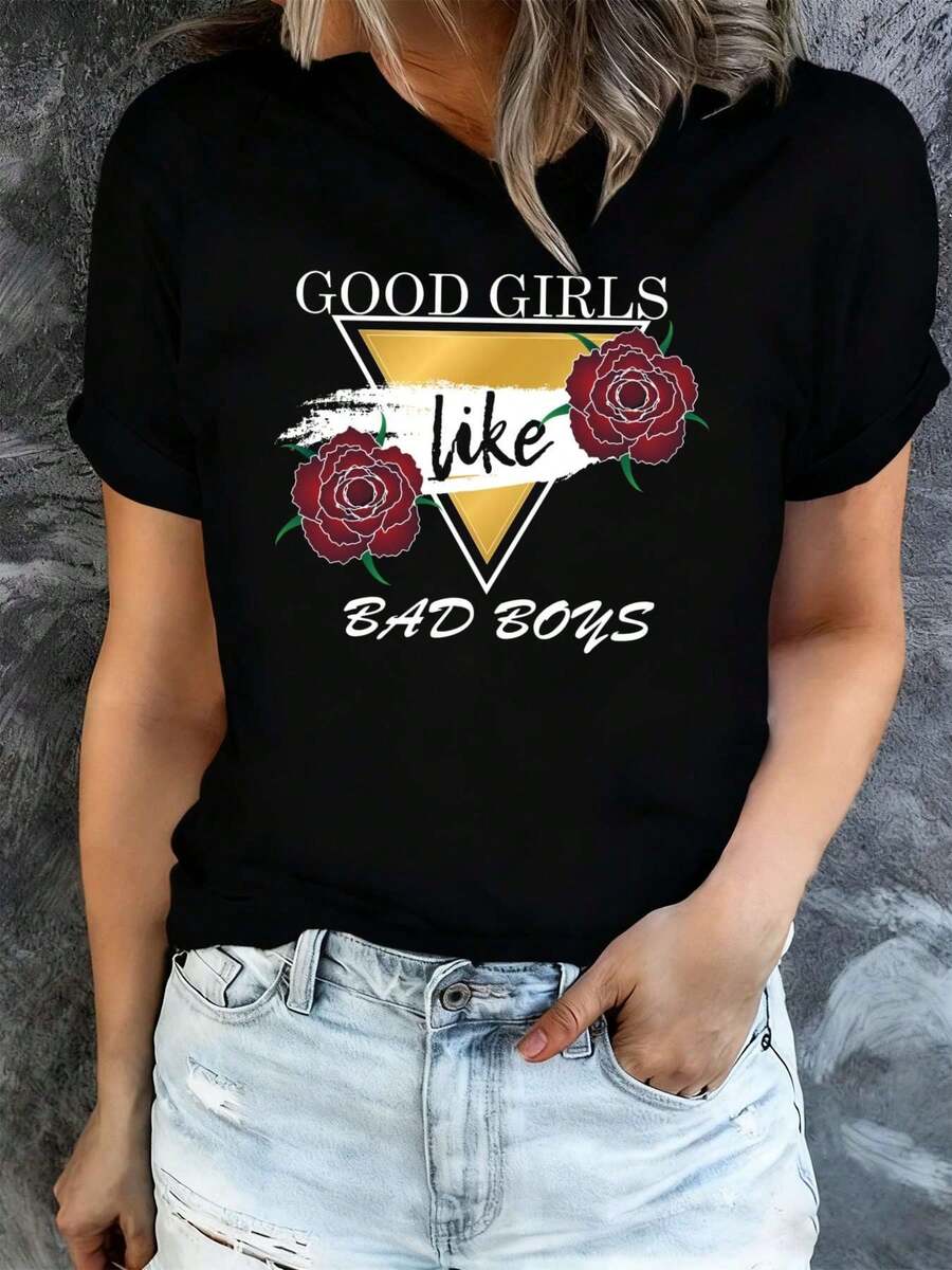 Women's Short-Sleeved Crew Neck T-Shirt, Black, With Rose Print Like A Bad, Breathable Fabric, Loose And Comfortable Fit, Perfect Gift For Mother's Day - Unisex Loose Cotton Short-Sleeved Crew Neck T-Shirt, Urban Vintage Style. - 黑色 - 查看 1