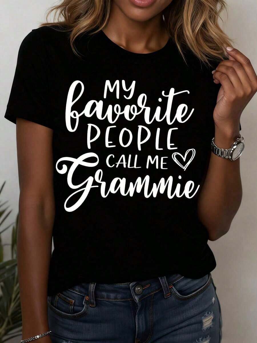 Camiseta de talla grande para mujer con estampado "Mis personas favoritas me llaman abuela", transpirable, cuello redondo, manga corta, corte regular, lavable a máquina, regalos para fans, camisetas religiosas, opciones de regalo ideales, blusas para mujer. - Negro - Ver 1
