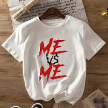 Camiseta Estampada "Me Vs Me" para Mujer - Diseño Casual de Verano con Manga Corta y Cuello Redondo, Estampado en Rojo y Blanco. Camiseta ligera y casual de verano con estampados llamativos. Ajuste cómodo. Disponible en tiendas comunitarias locales. . Algodón suave para un uso cómodo. Excelente oferta para Pascua, Halloween, Día de Acción de Gracias, etc. - Blanco - Ver 7