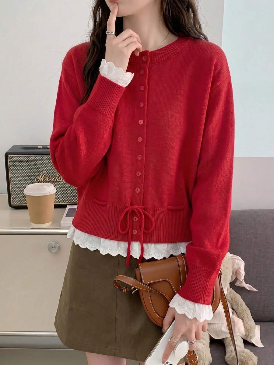 JIANHU Áo khoác cardigan dệt kim màu kem có dây rút - Thu Đông cổ tròn cài nút viền ren xếp ly | Trang phục thoải mái, giản dị cho buổi hẹn cà phê và tiệc Giáng sinh | Ấm áp và đa năng, phù hợp cho Giáng sinh, tiệc năm mới và mặc hàng ngày - Đỏ - Xem 1
