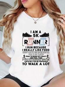 Camiseta Casual con Estampado Gráfico para Mujer - Manga Corta, Cuello Redondo, Diseño "I AM A RUNNER", Corte Holgado para Primavera y Verano, Negra, Ropa Cómoda, Estilo Casual y Elegante - Blanco - Ver 6